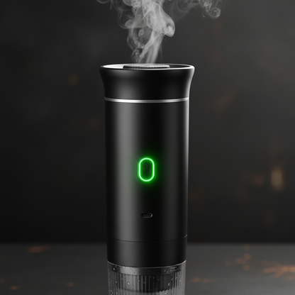 Macro close-up of Redova portable espresso maker with steam rising