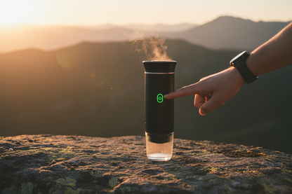 Redova portable espresso maker outdoors with mountains in the background
