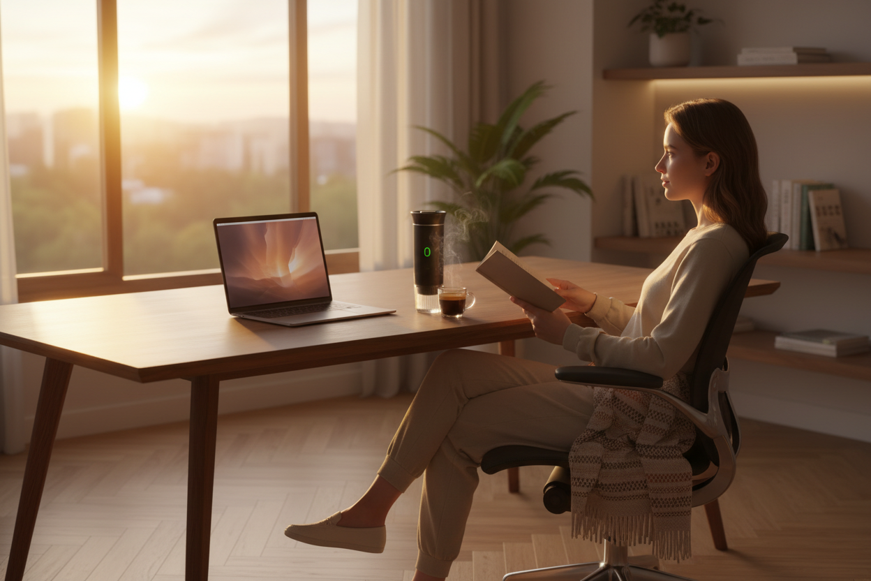 Redova portable espresso maker beside a laptop on a modern desk at sunrise