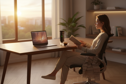 Redova portable espresso maker beside a laptop on a modern desk at sunrise