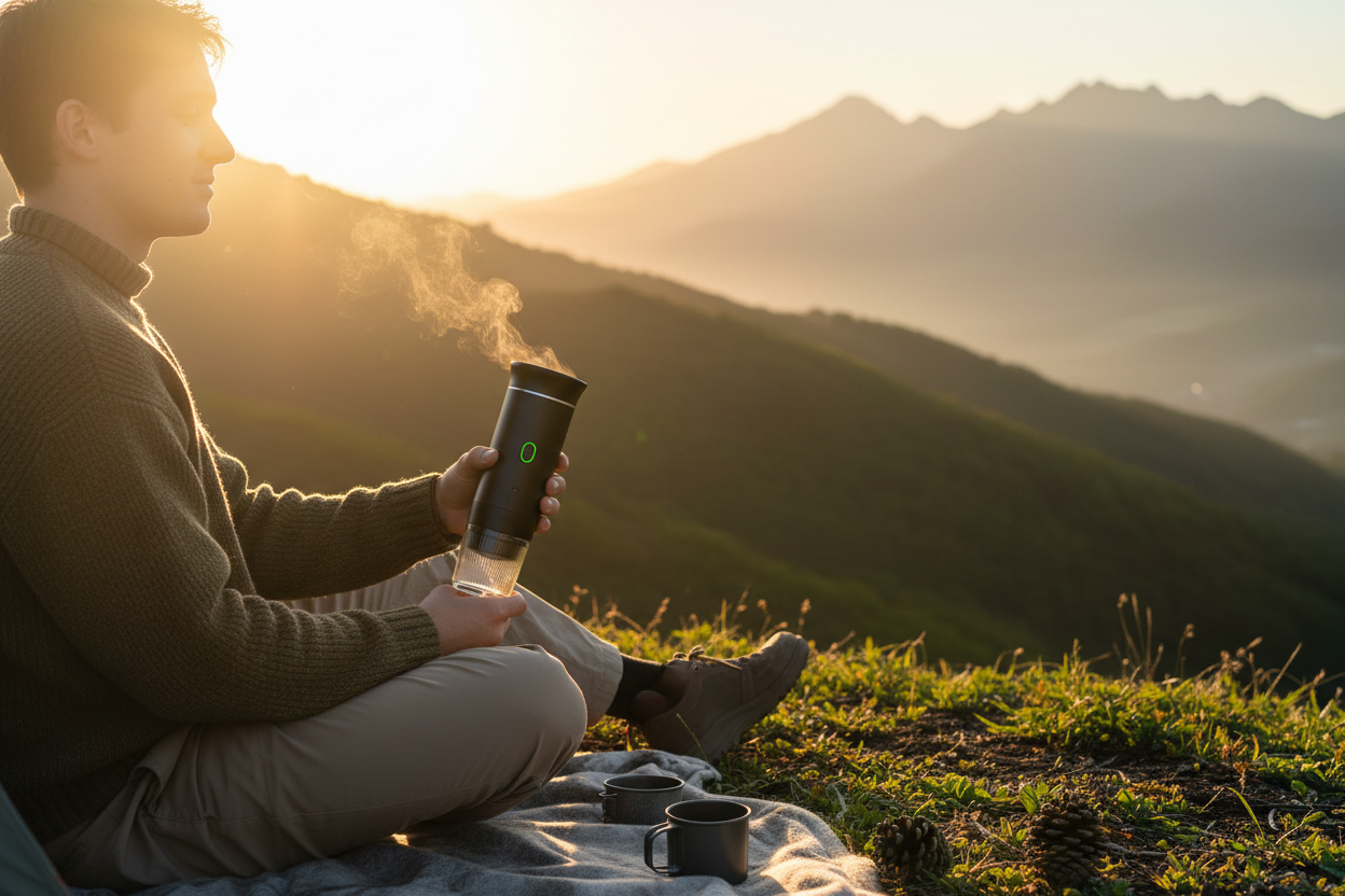 Person relaxing outdoors with Redova portable espresso maker during sunrise